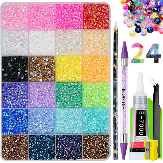 EARLMONI front packaging showing full 24-color rhinestones kit with glue and tools for easy crafting