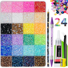 EARLMONI front packaging showing full 24-color rhinestones kit with glue and tools for easy crafting