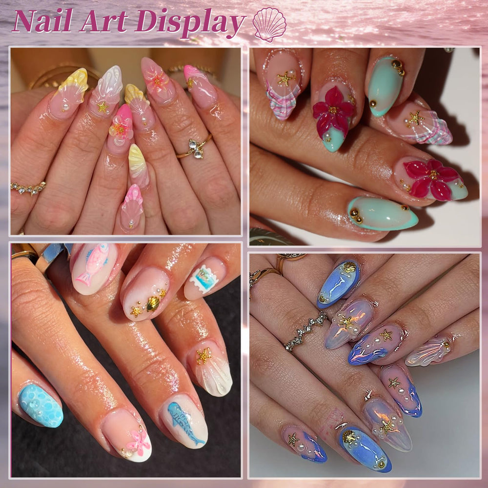 EARLMONI finished summer manicure on nails with charms demonstrating beach vibe