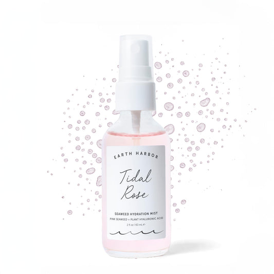 Earth Harbor front bottle showing the pink tidal rose toner and compact design benefits