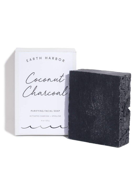 Earth Harbor facial soap front packaging showing charcoal bar and sustainability benefits