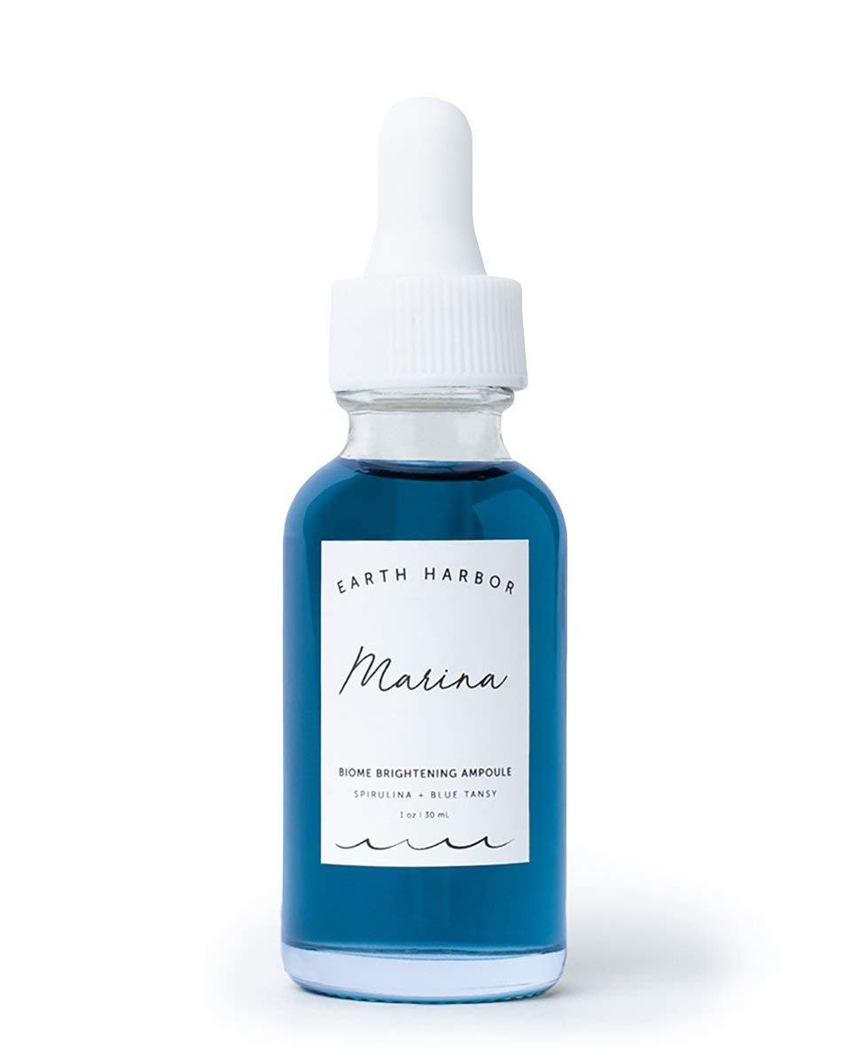 Earth Harbor front-packaging showing MARINA ampoule and label for shelf appeal