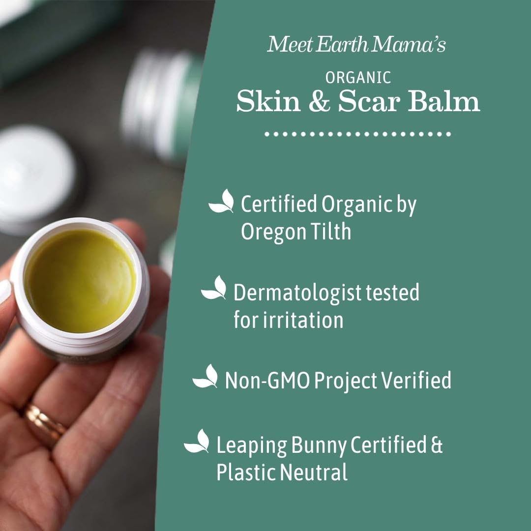 Earth Mama balm being applied to a healed scar to soften skin