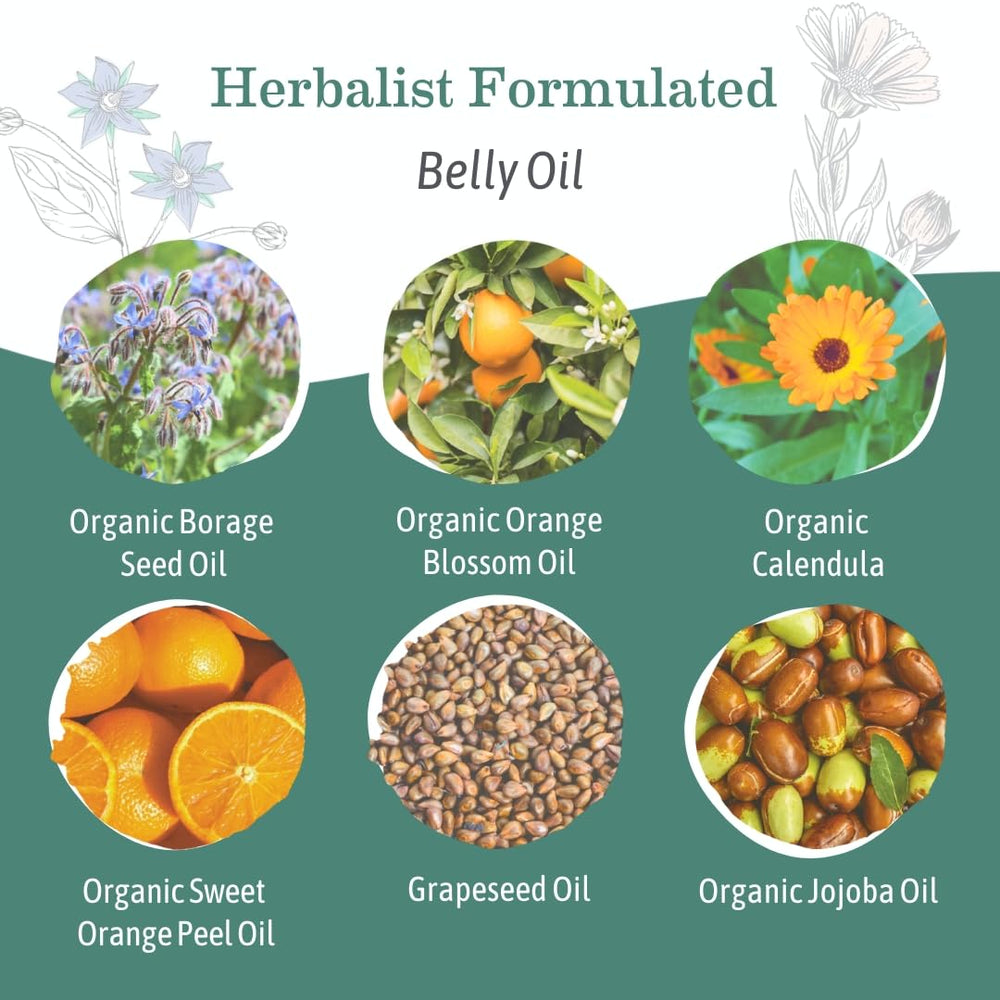 Earth Mama Belly Oil dropper applying oil to skin for fast absorption