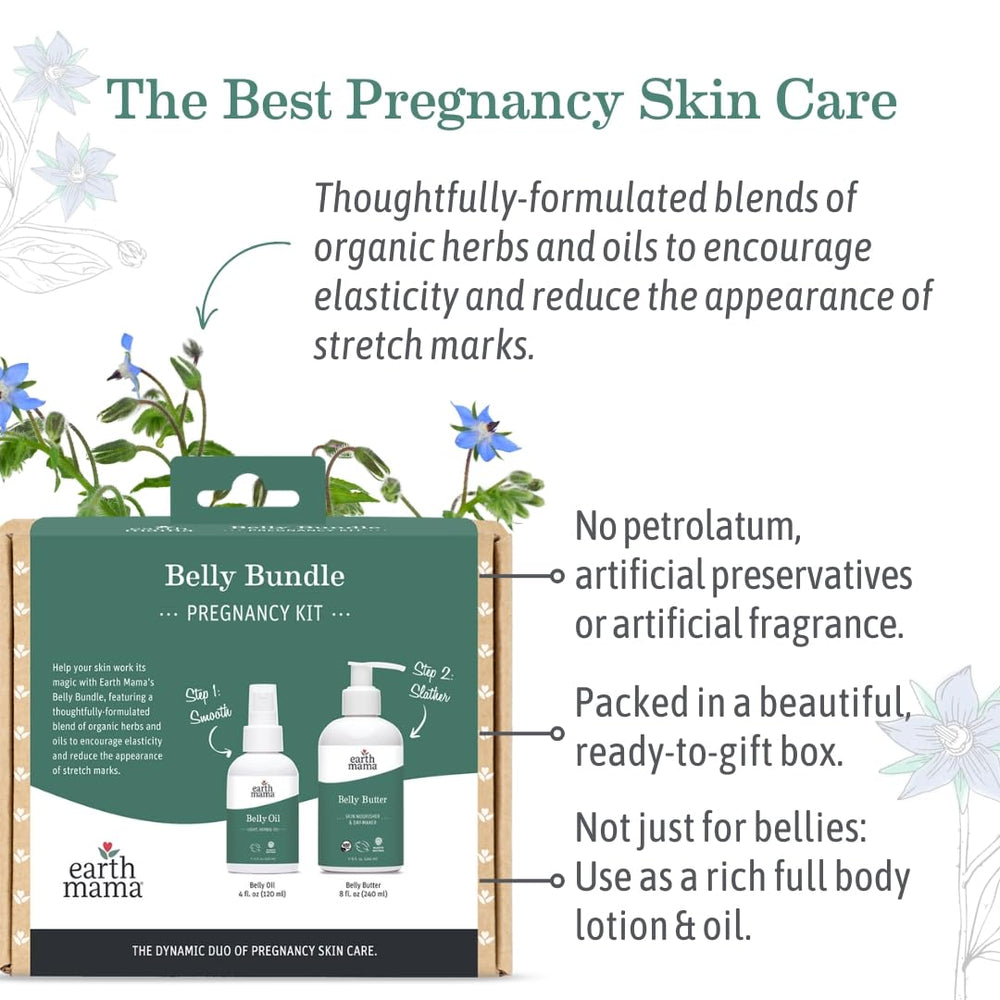 Earth Mama Belly Bundle staged in bathroom to show easy daily self-care routine