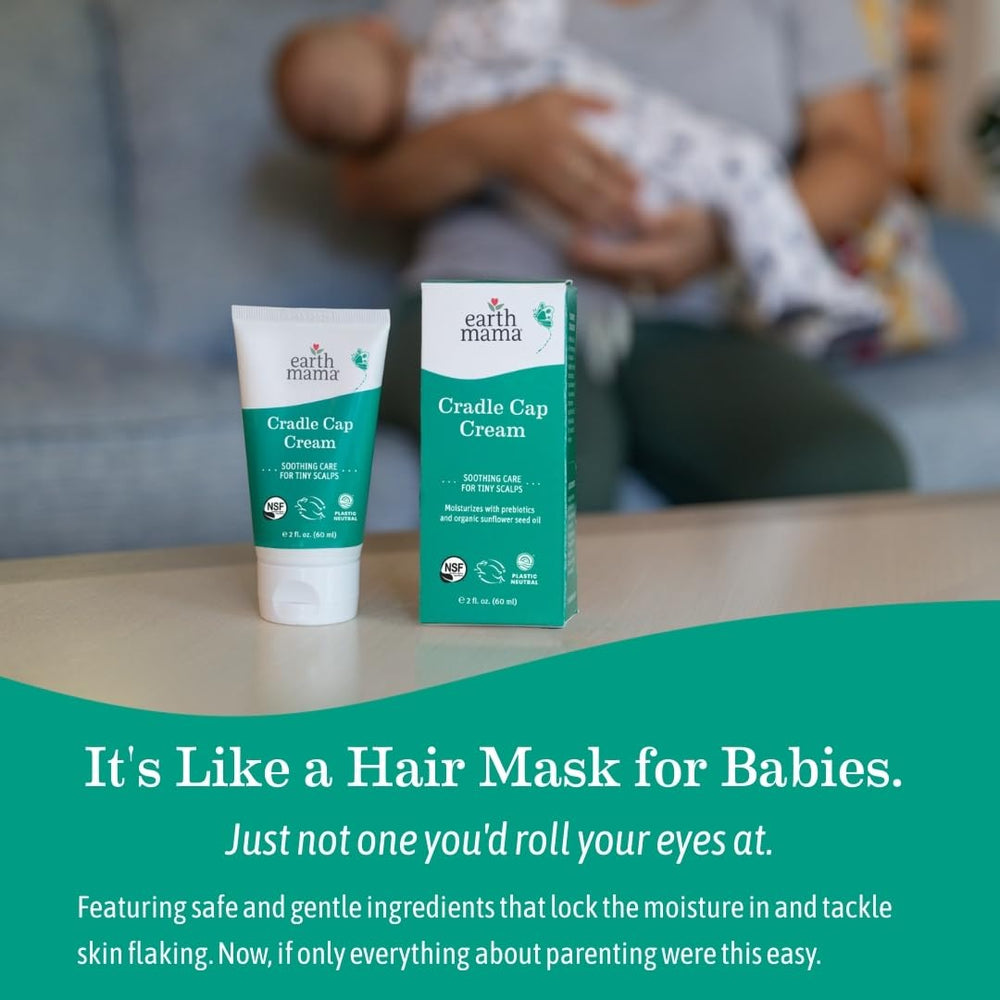 Earth Mama cradle cap cream on nursery shelf next to baby care items suggesting routine use