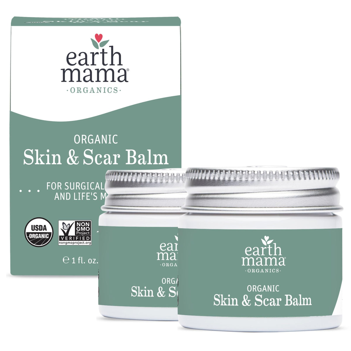 Earth Mama front packaging showing two balm tins and benefits