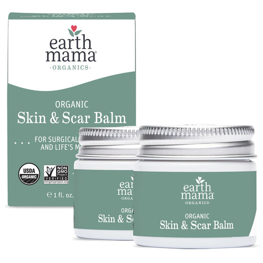 Earth Mama front packaging showing two balm tins and benefits