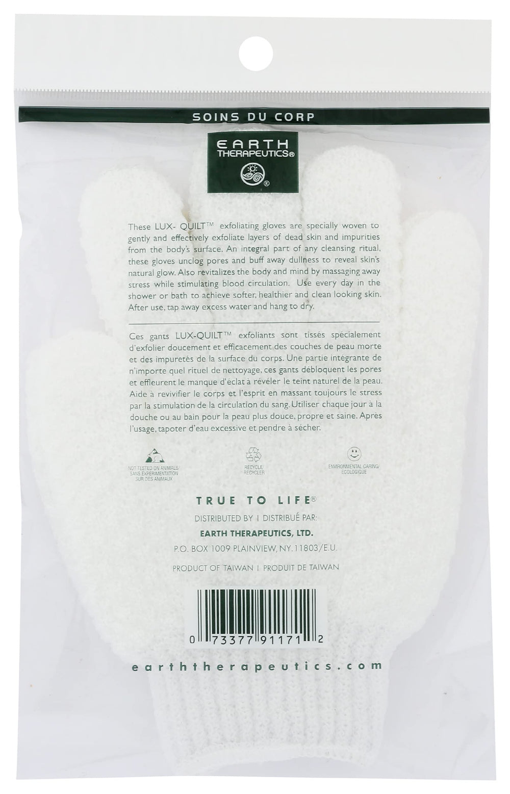 Earth Therapeutics glove texture close-up reveals nylon weave for gentle exfoliation benefit