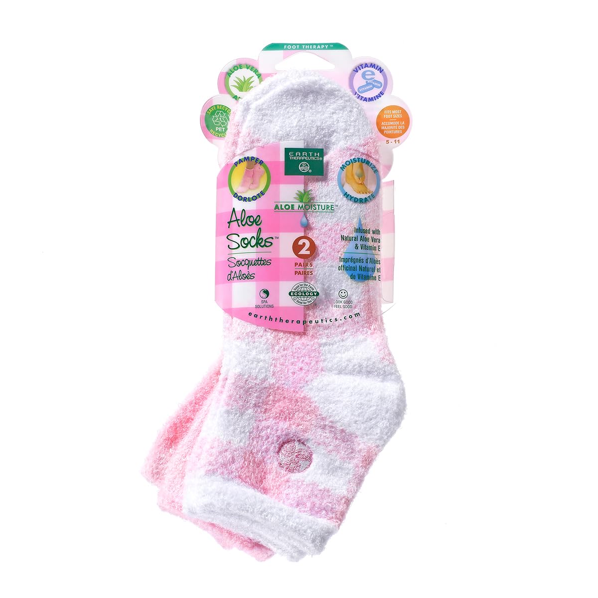 Earth Therapeutics pink plaid front packaging showing two pairs, convenient spa treatment