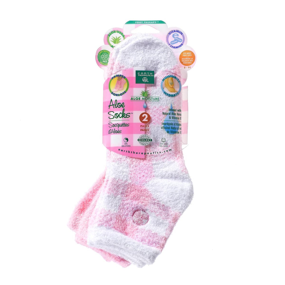 Earth Therapeutics pink plaid front packaging showing two pairs, convenient spa treatment