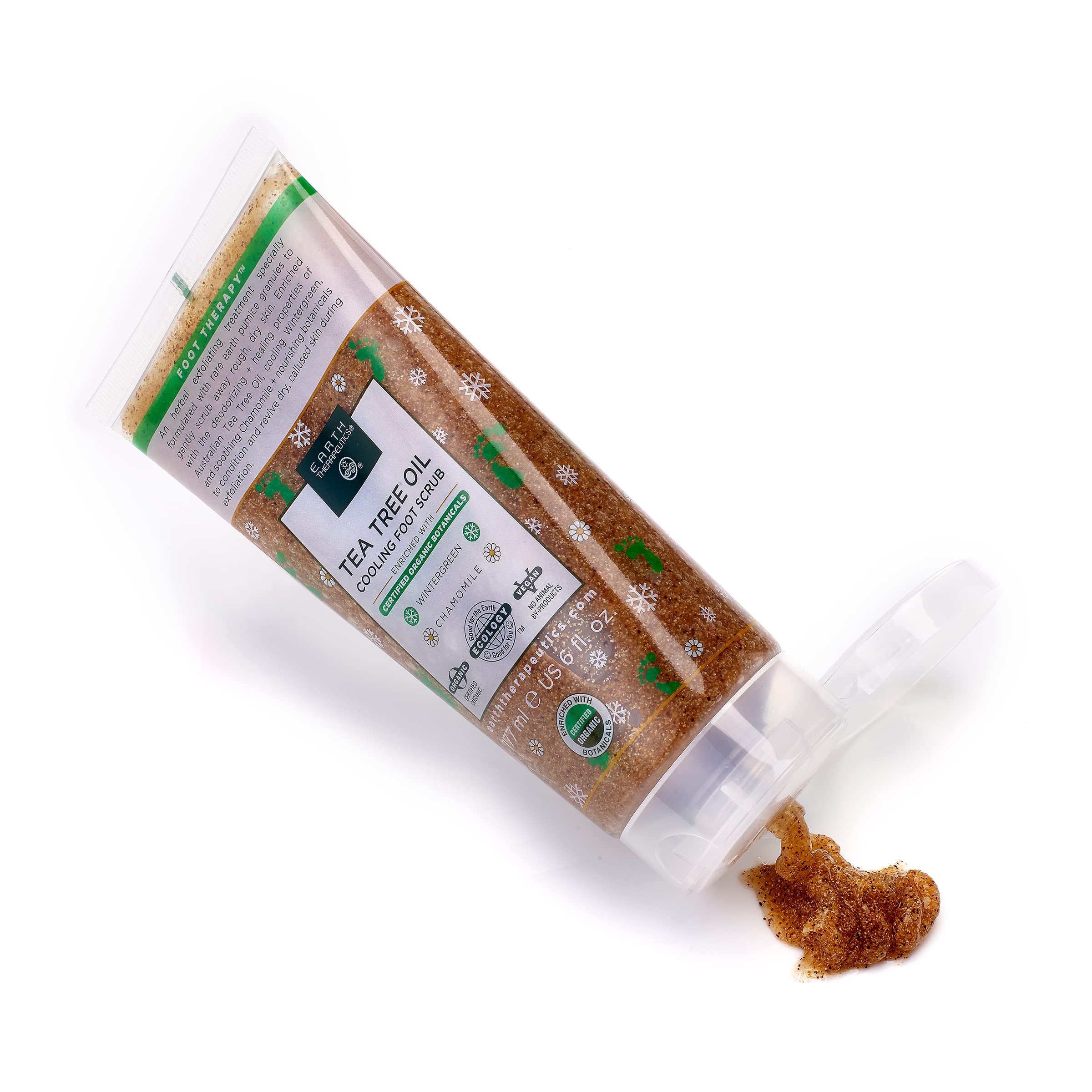 Earth Therapeutics foot scrub being massaged onto wet foot for refreshing exfoliation