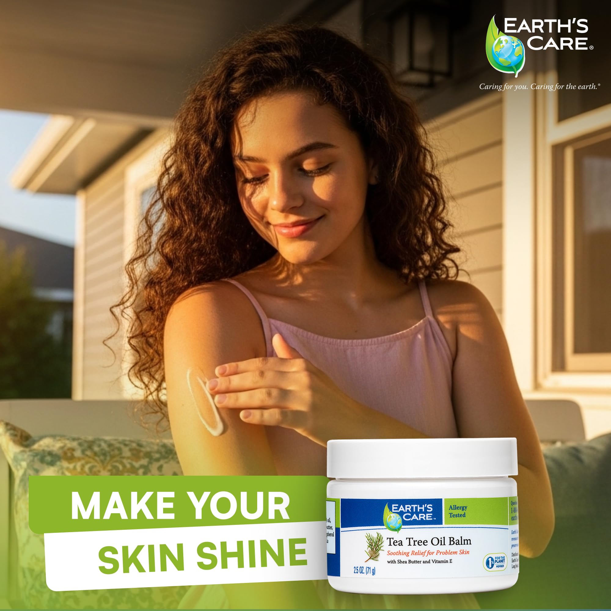 Tea tree oil bottle beside jar showing Earth's Care natural ingredient benefit