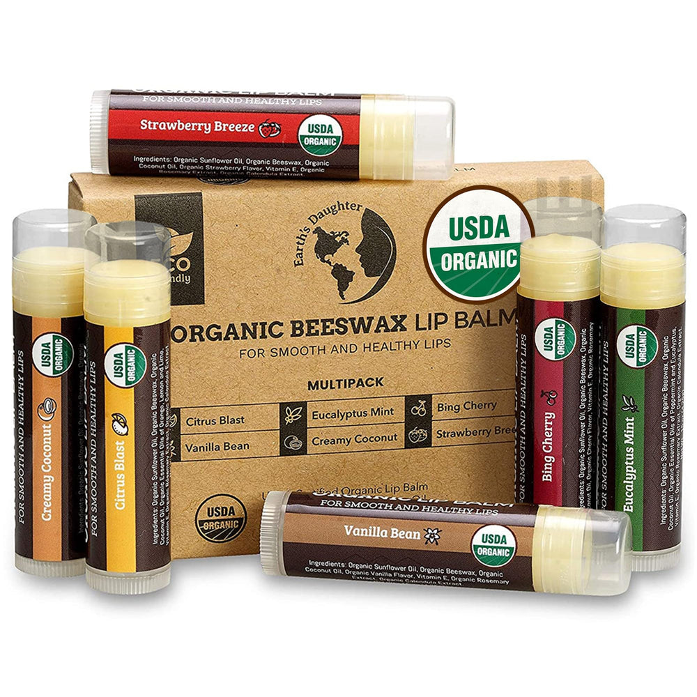 Earth's Daughter front packaging showing six USDA organic lip balms for convenient hydration