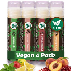 Earth's Daughter front packaging showing four vegan lip balm tubes and flavors