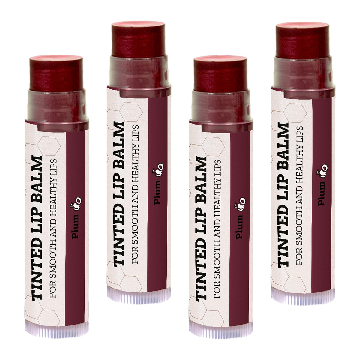 Earth's Daughter front packaging showing four Plum tinted lip balms for easy selection