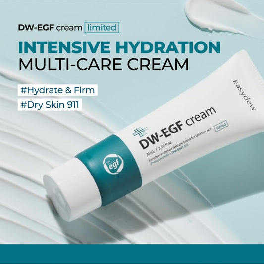 EASYDEW DW-EGF cream texture close-up highlighting lightweight, fast-absorbing hydration