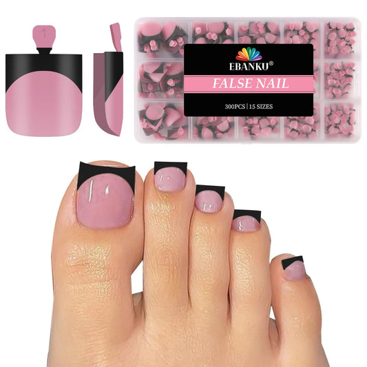 EBANKU front packaging showing 300pcs black French tip toe nails, quick salon look