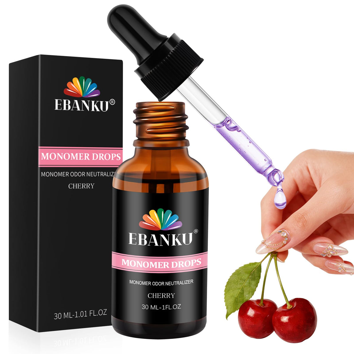 EBANKU cherry monomer bottle front showing size and label benefit odor control
