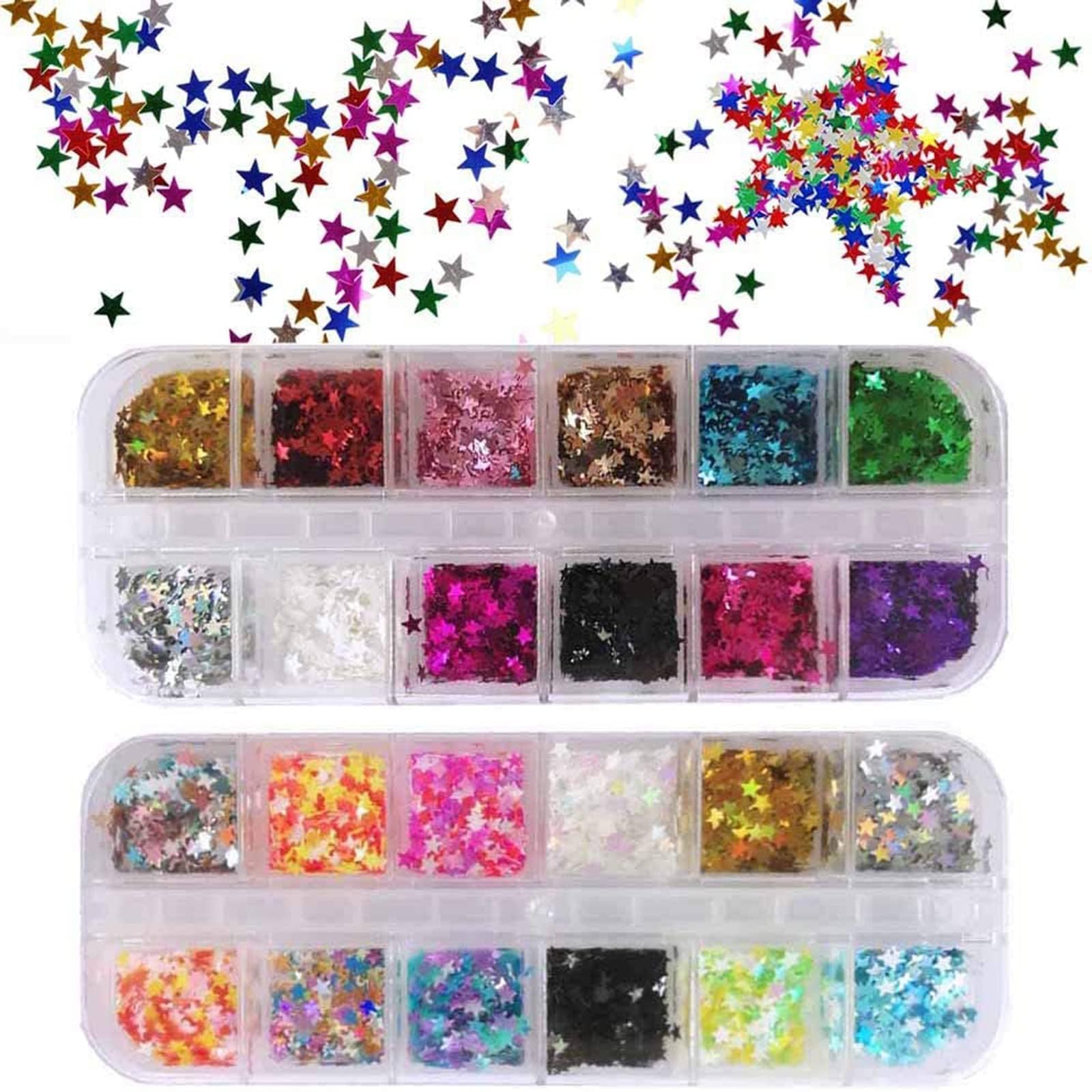 EBANKU front packaging showing 24 sealed star glitter boxes and benefit of organized colors
