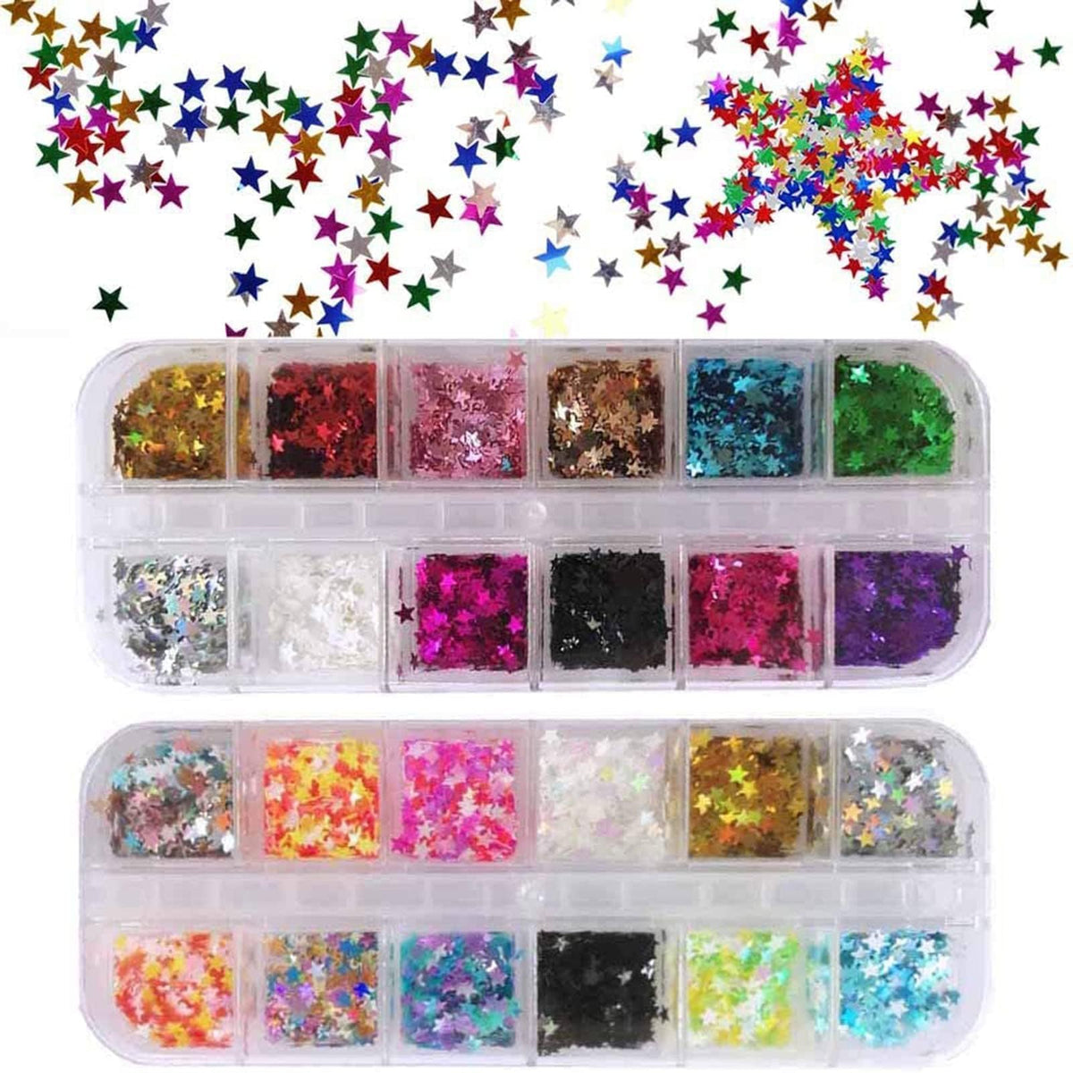EBANKU front packaging showing 24 sealed star glitter boxes and benefit of organized colors