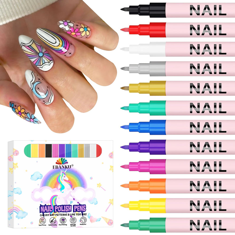 EBANKU front packaging showing 12 vibrant nail art pens and included colors benefit quick selection