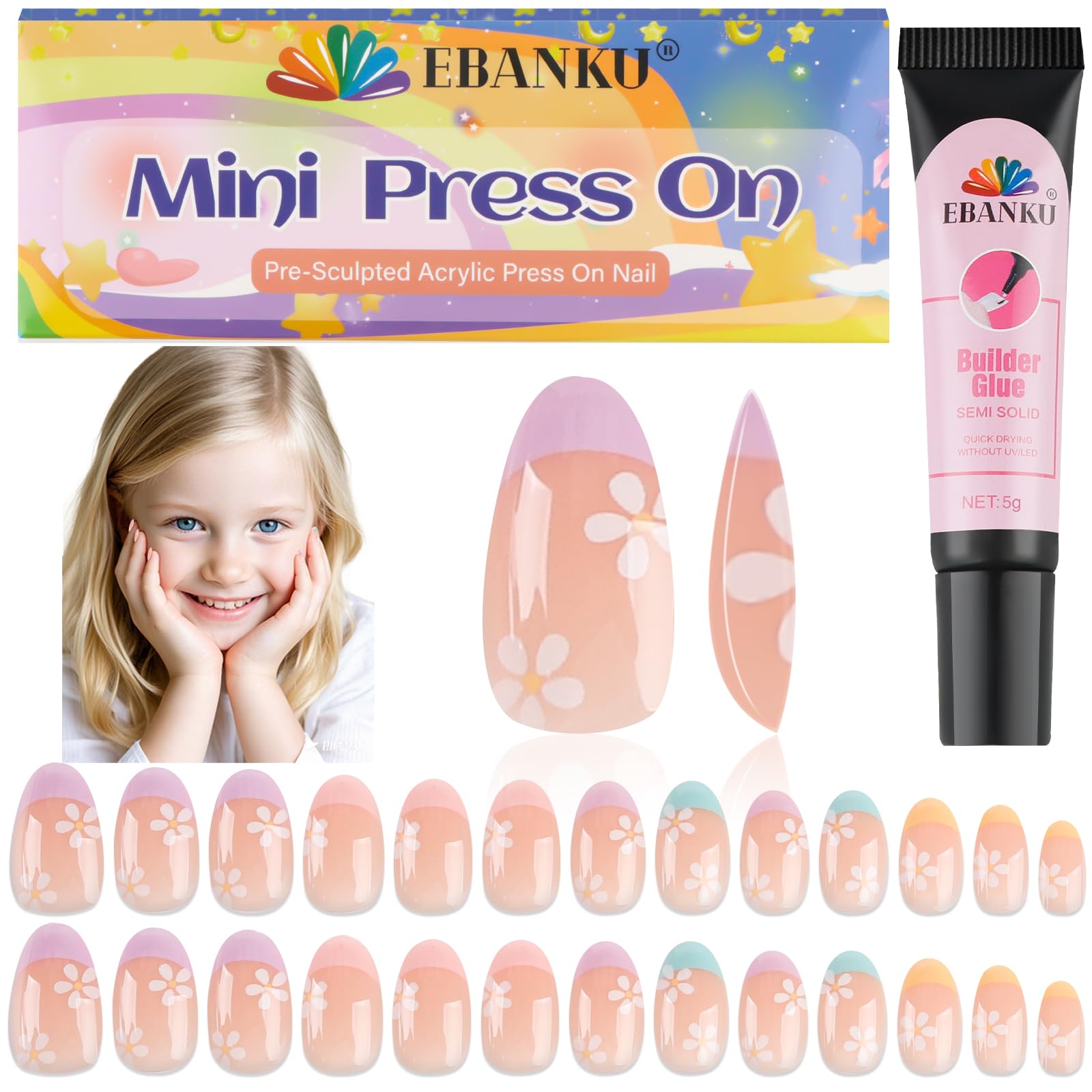 EBANKU front packaging showing 26-piece kids nails, clear organization and quick selection benefit