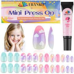 EBANKU front packaging showing the colorful 26-piece kids press-on nail kit and included sizes