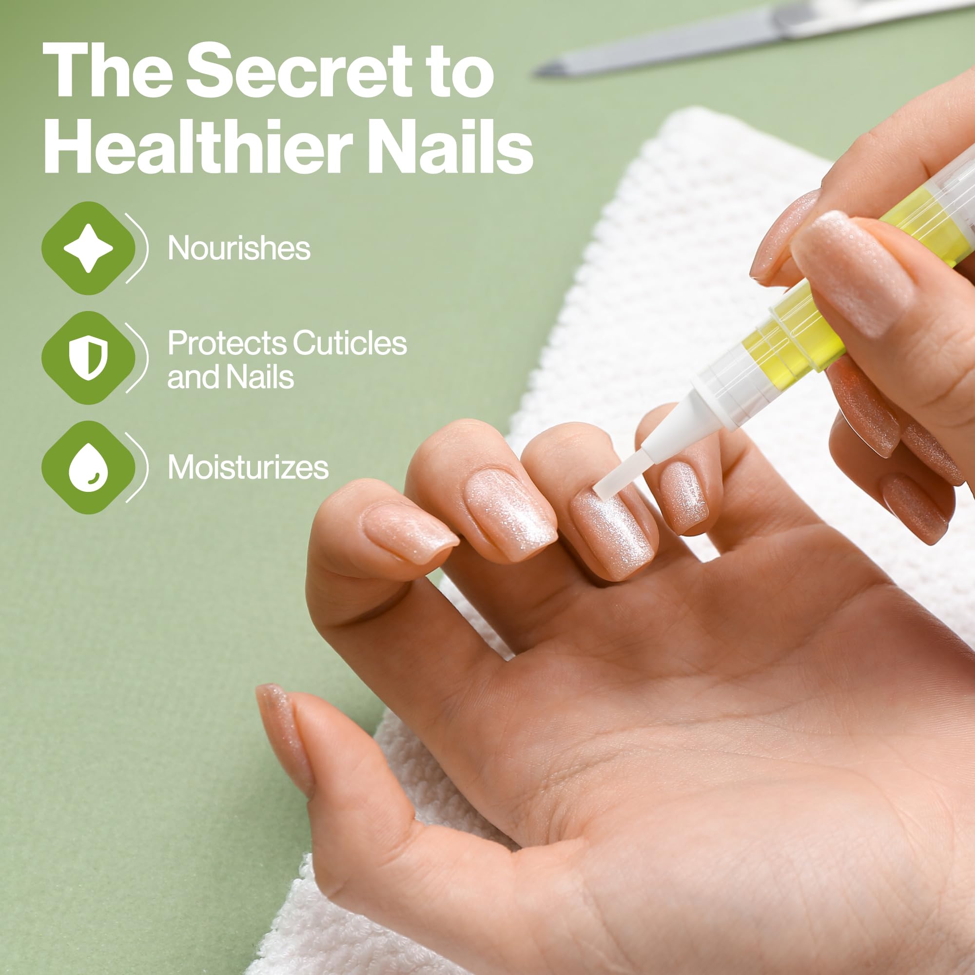 ECCO PURE pen applying oil to a fingernail, promotes smoother cuticles