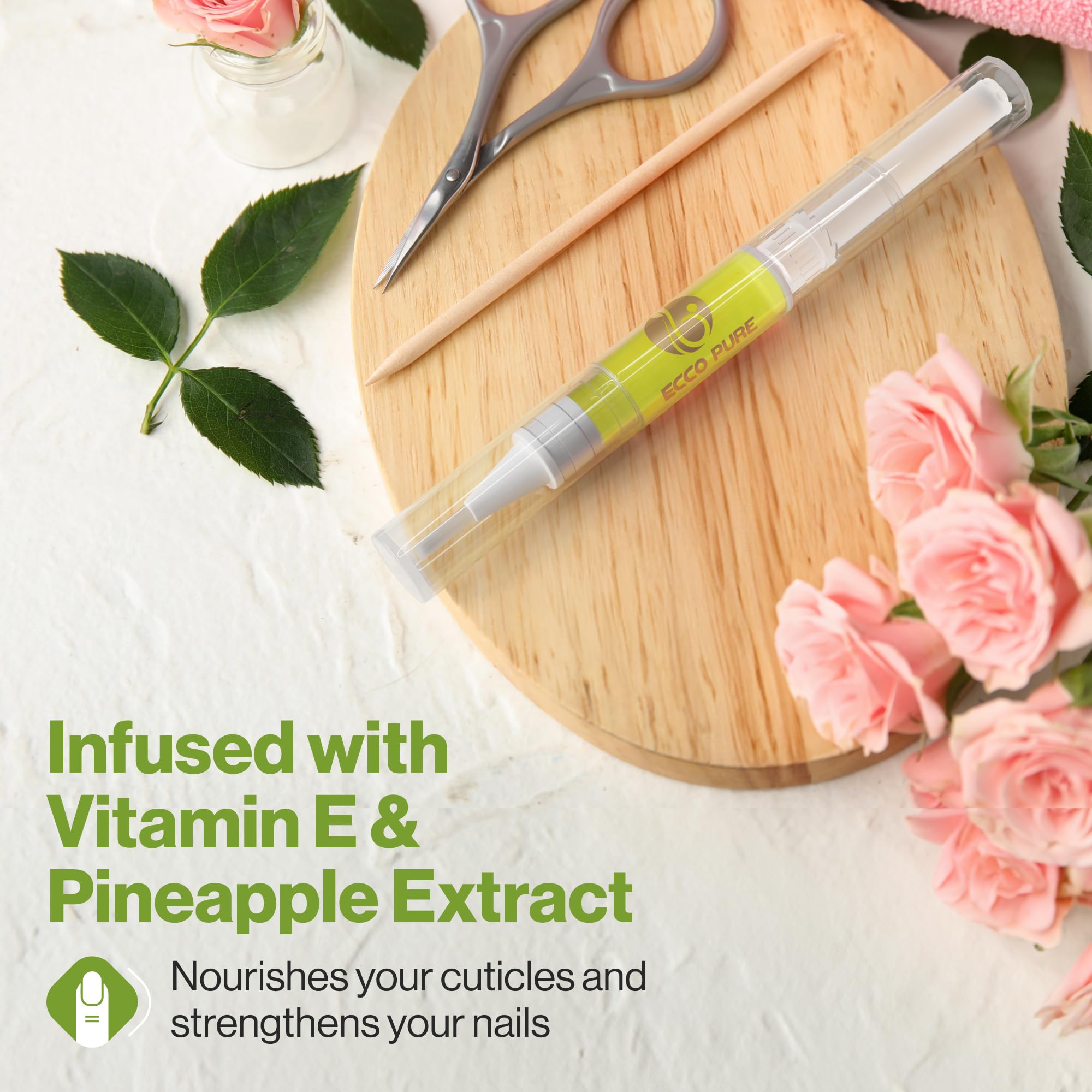 ECCO PURE exposed brush tip dispensing oil, precise application benefit