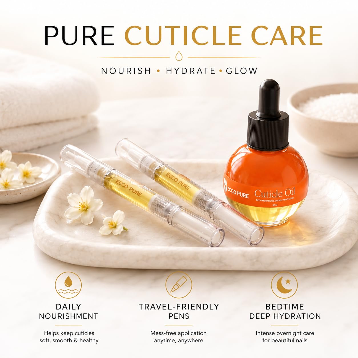 ECCO PURE label close-up revealing ingredient transparency and informed use benefit