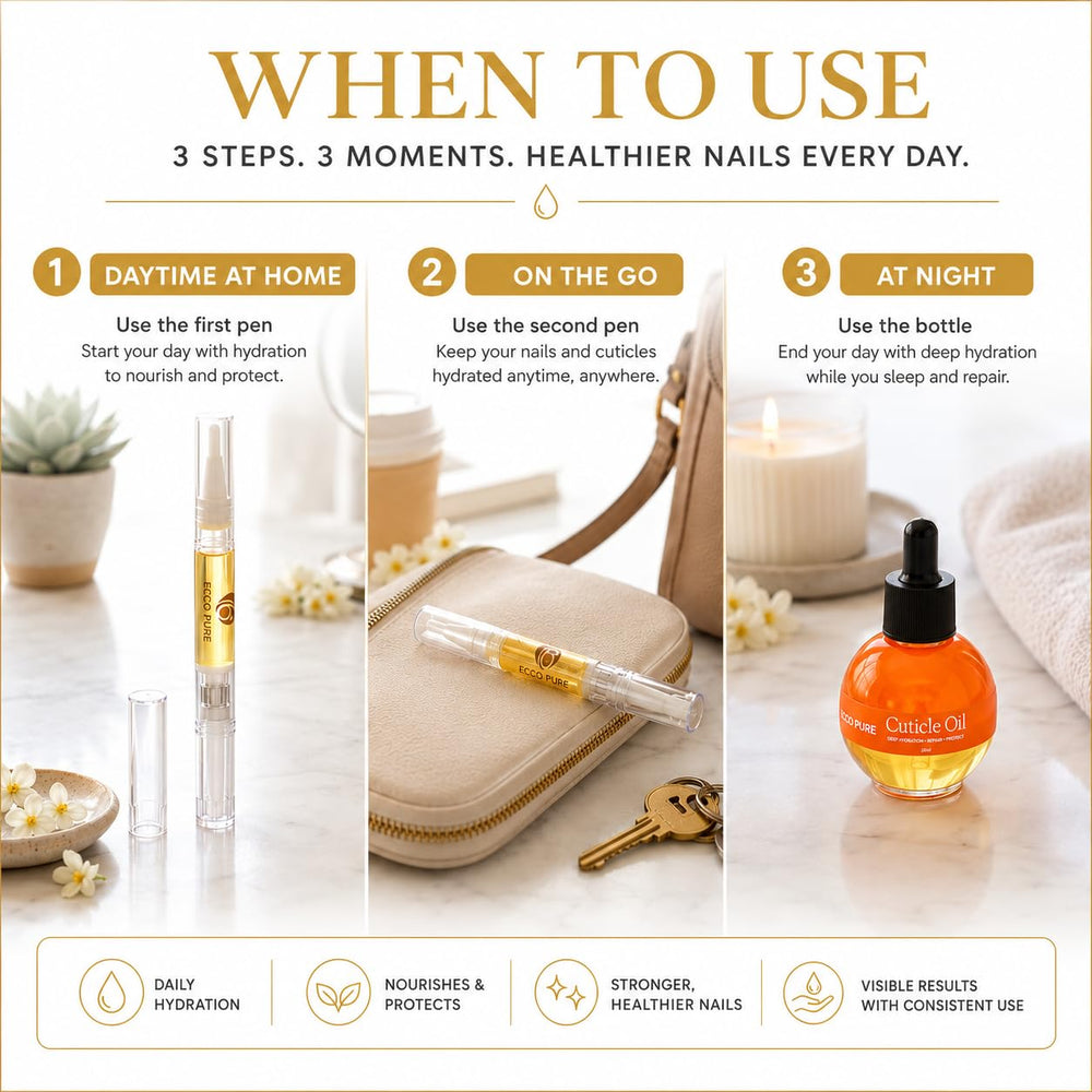 ECCO PURE pen tip detail illustrating mess-free targeted cuticle care benefit