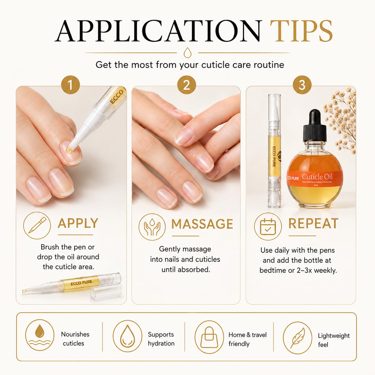 ECCO PURE pens inside handbag conveying travel-ready nail maintenance benefit