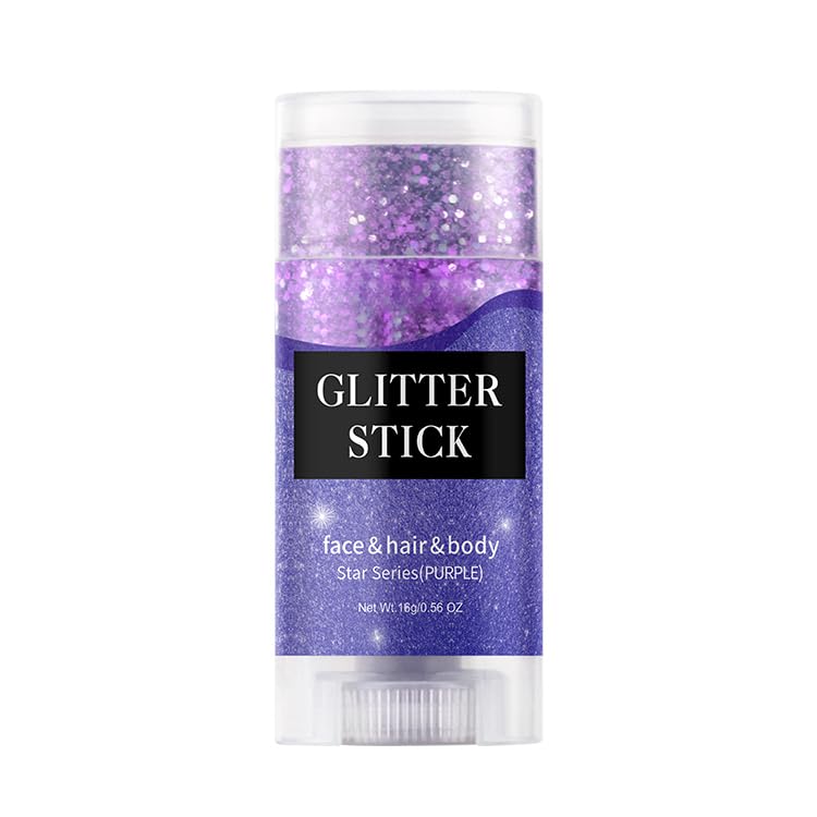 ECDMKF glitter stick front packaging shows purple sparkle and benefit of bold shine