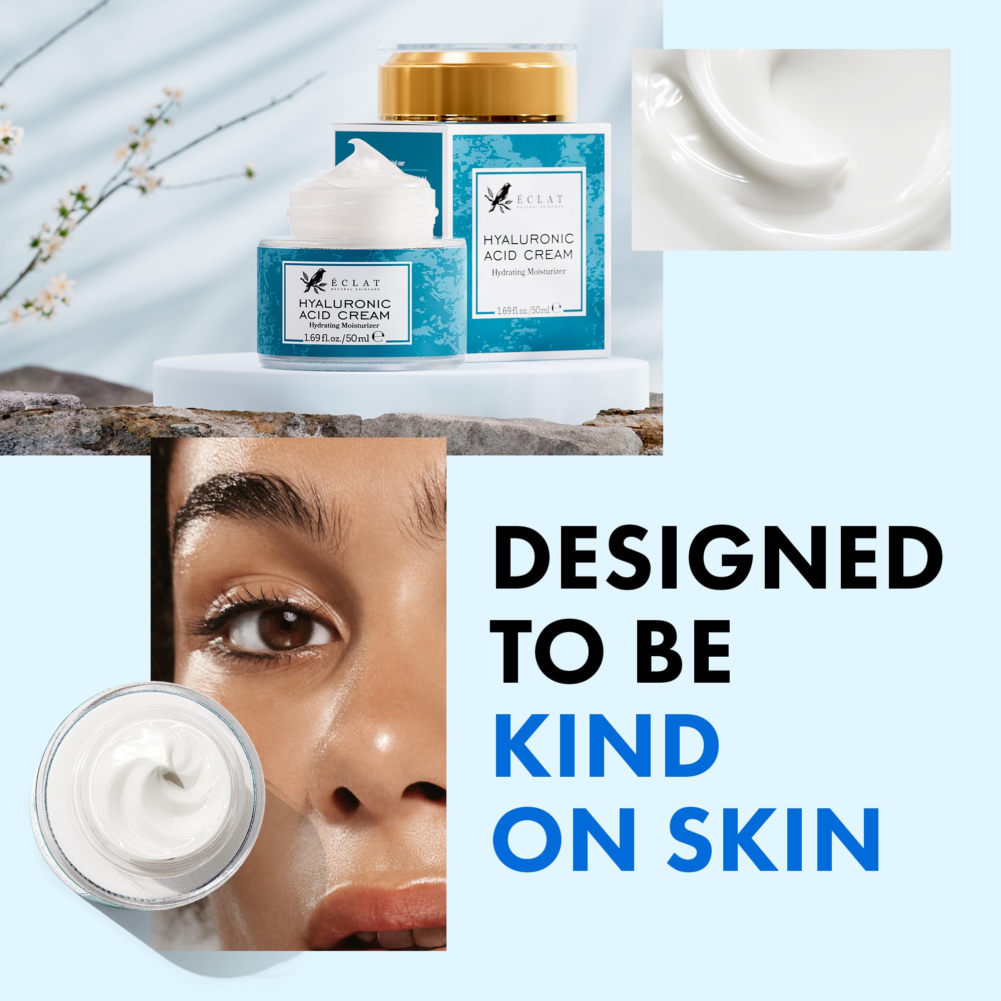 Eclat Skincare jar on bathroom shelf lifestyle shot promoting daily routine use