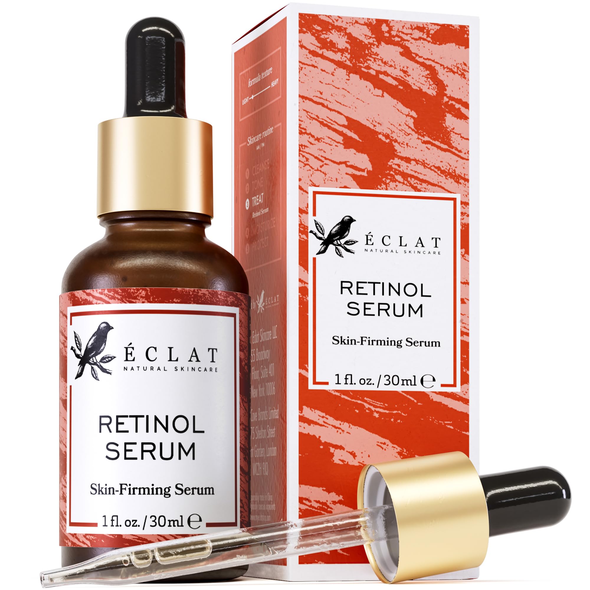 Eclat Skincare front bottle shot showing product and clean packaging, promotes confidence