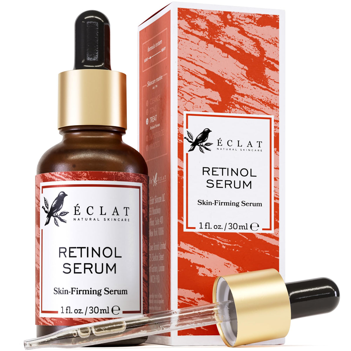 Eclat Skincare front bottle shot showing product and clean packaging, promotes confidence