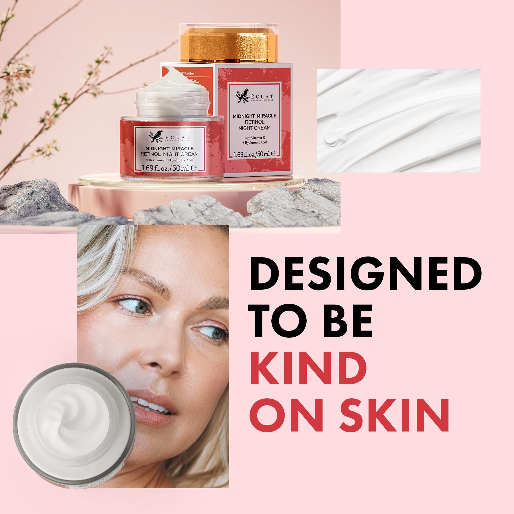 Eclat Skincare after application on cheek showing dewy finish and plumping effect