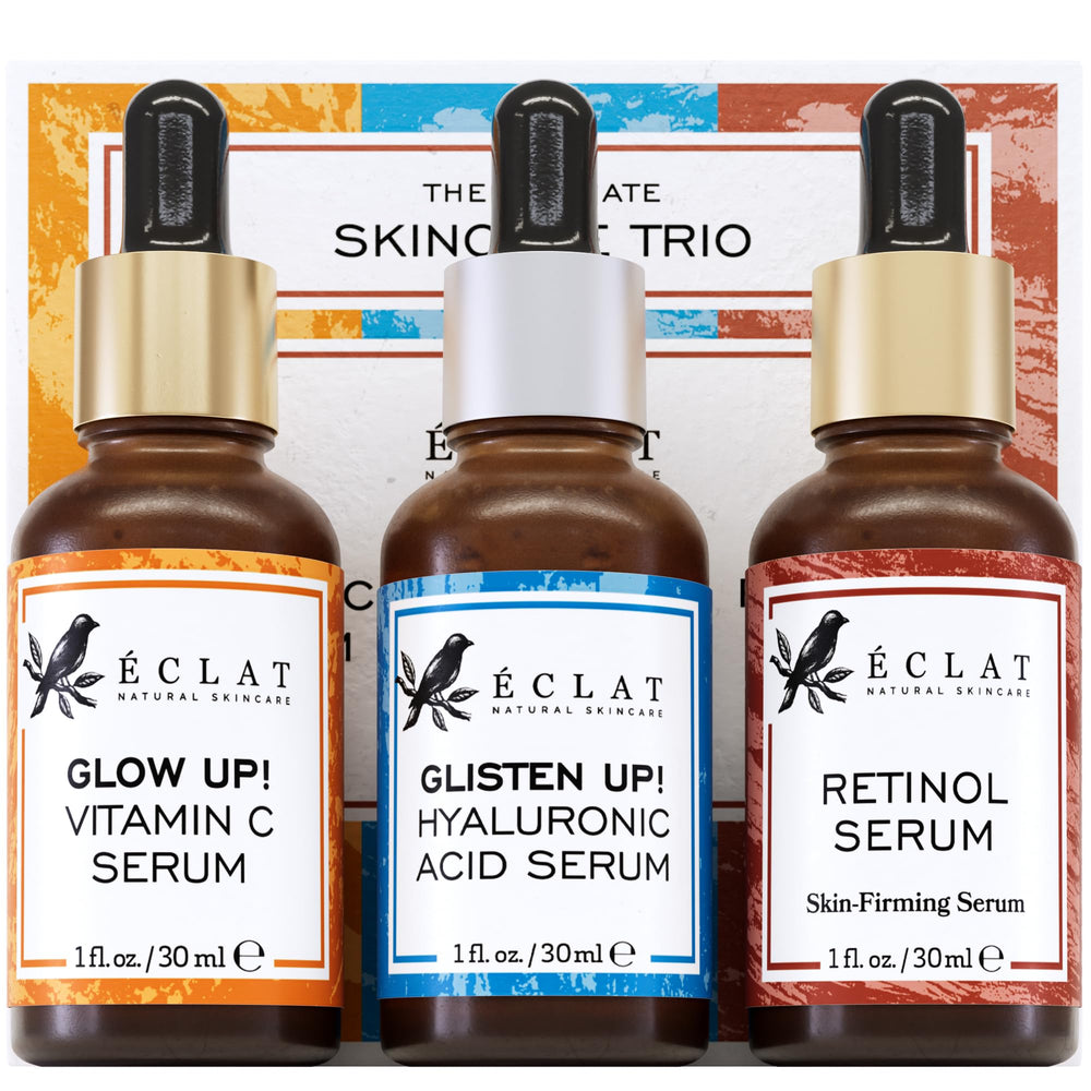 Eclat Skincare front packaging showing the three-serum set and easy routine benefits