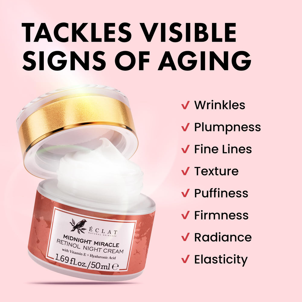 Eclat Skincare ingredient label showing retinol and hyaluronic acid benefits