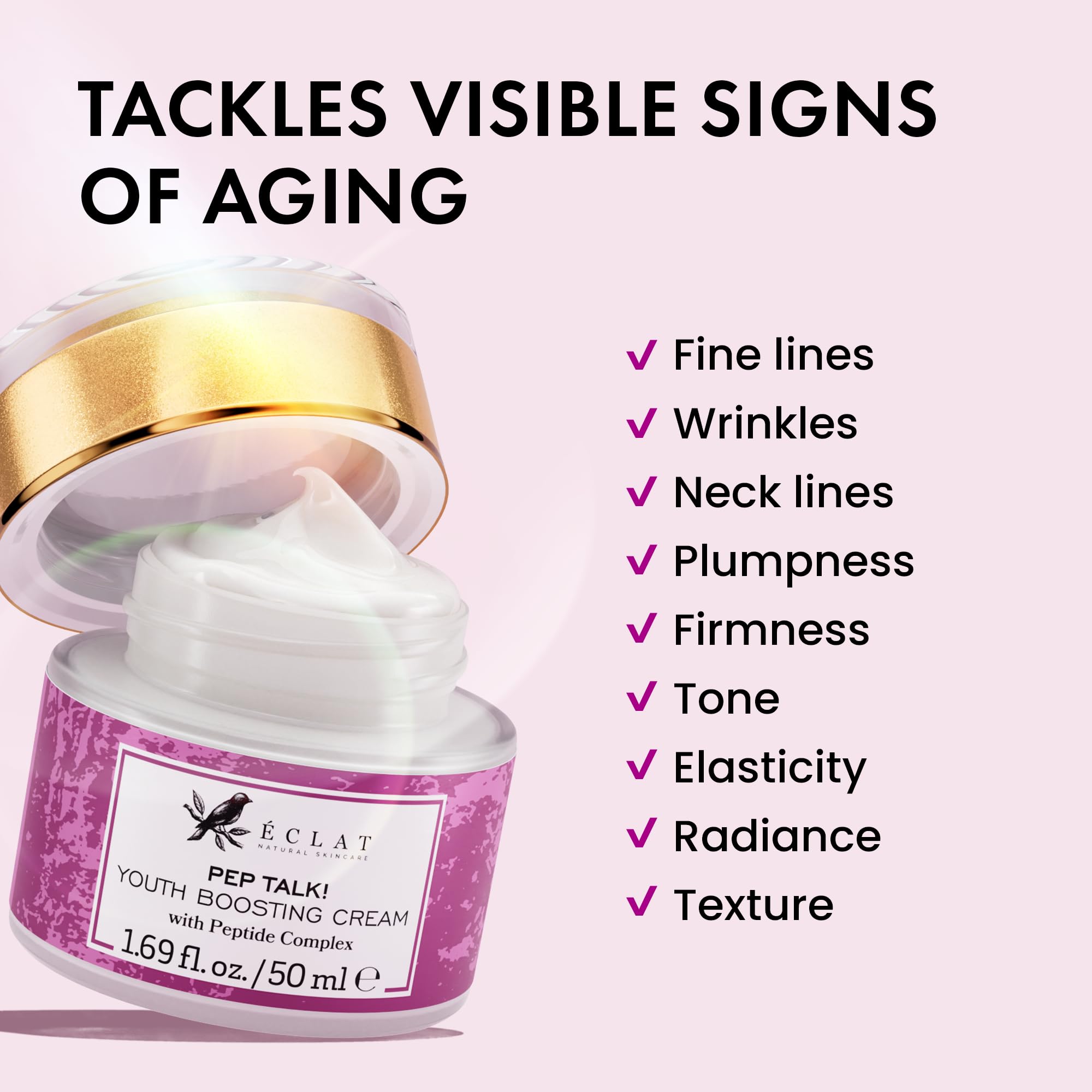 Eclat Skincare label highlighting peptide and vitamin blend for antioxidant support