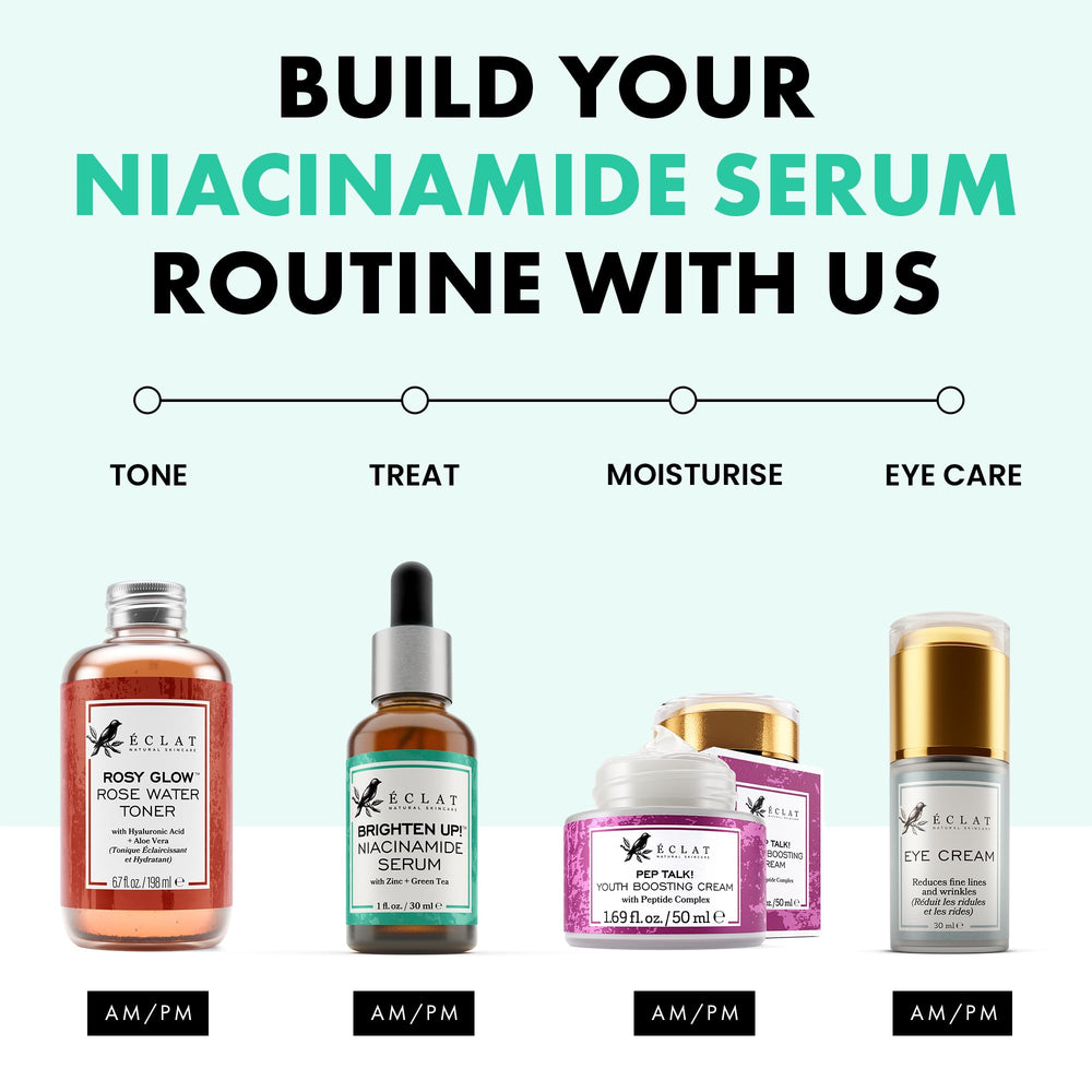 Eclat Skincare serum staged in bathroom routine showing layering benefit