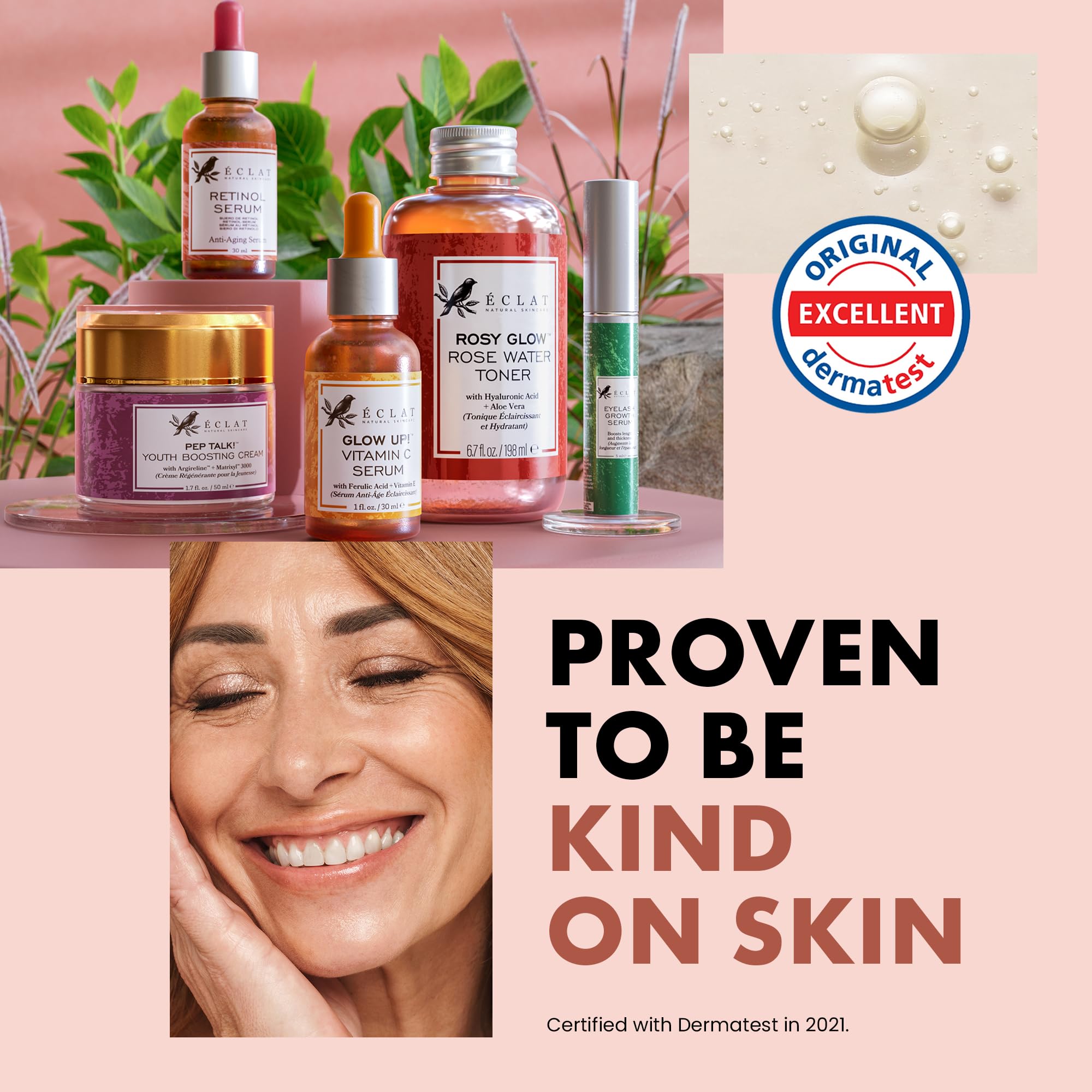 Eclat Skincare toner on bathroom shelf in routine, promotes daily use