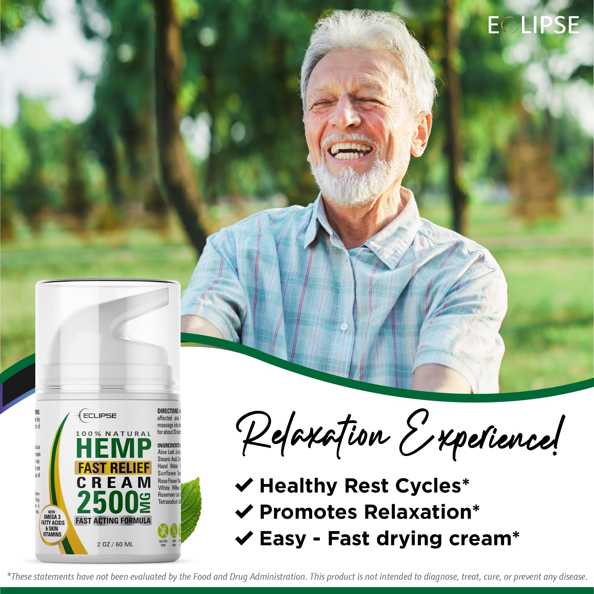 Eclipse Hemp cream applied on hand demonstrating quick rub-in and non-greasy feel