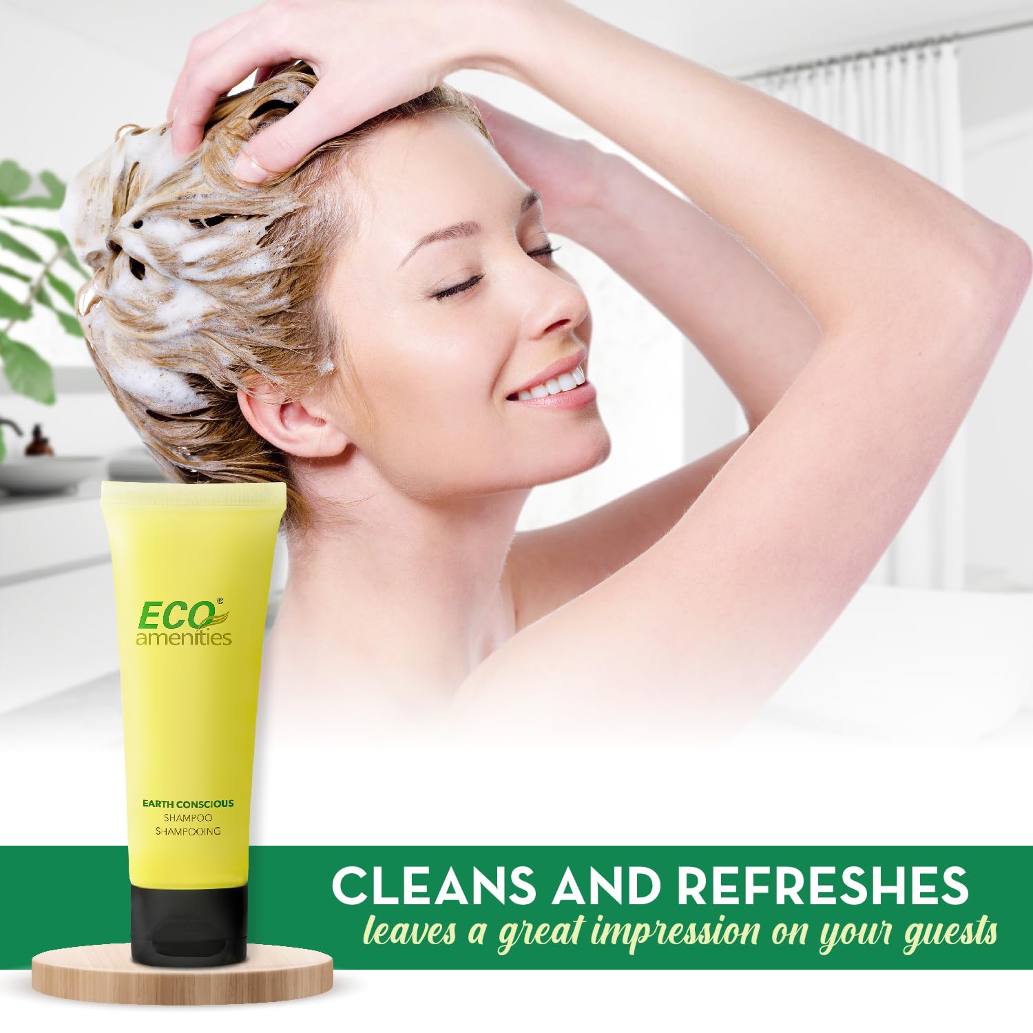 ECO amenities close-up of flip-cap tube, leak-proof travel convenience