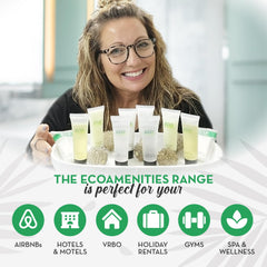 ECO amenities displayed in hotel bathroom, guest-ready amenity
