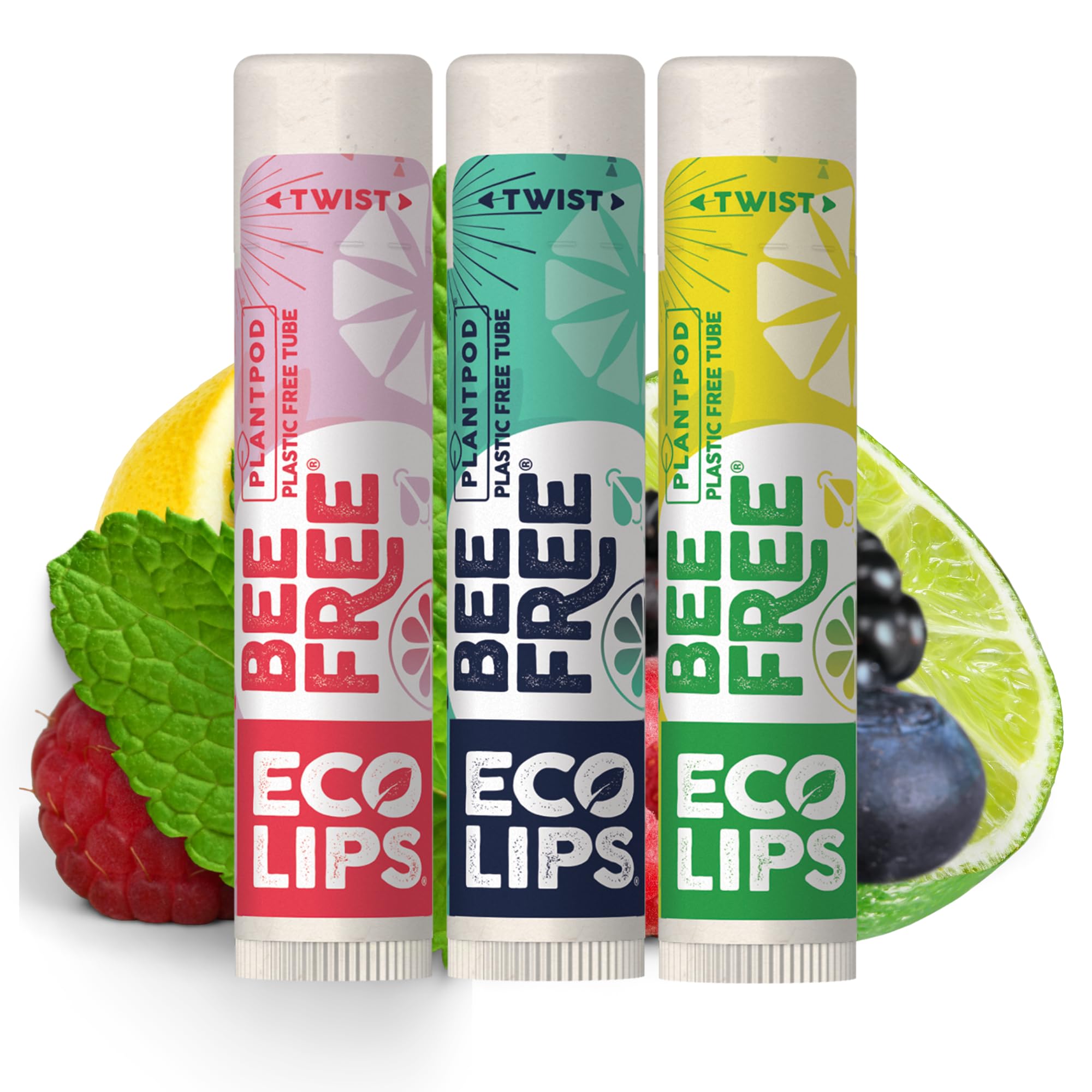 Eco Lips Bee Free front packaging showing three compostable tubes and branding benefit: eco-friendly convenience