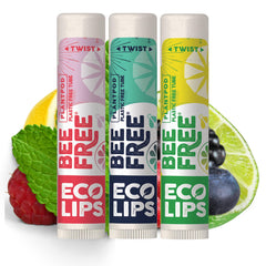 Eco Lips Bee Free front packaging showing three compostable tubes and branding benefit: eco-friendly convenience
