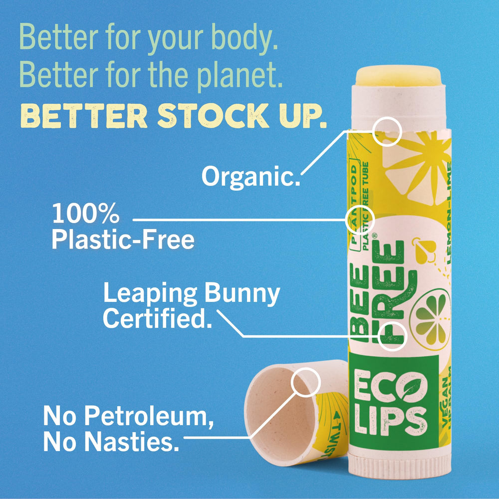 Eco Lips Bee Free three tubes arranged to show variety pack and on-the-go portability benefit