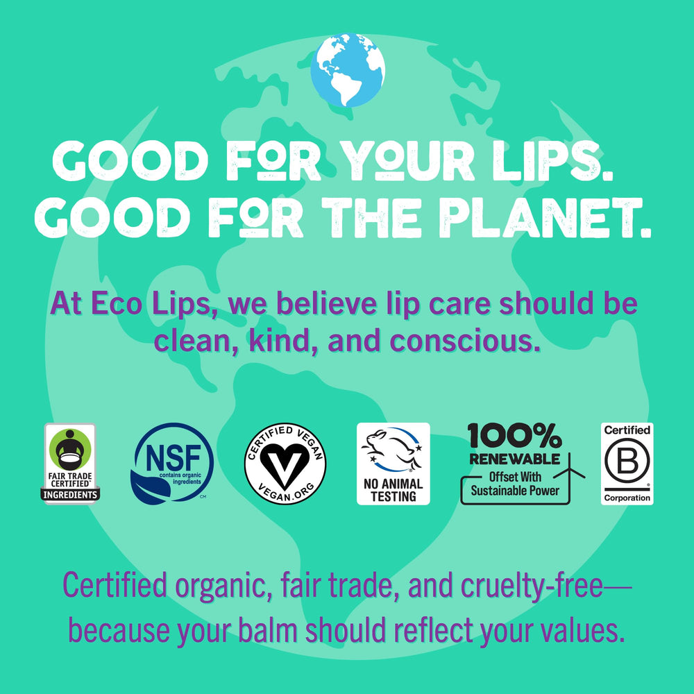 Eco Lips with cocoa butter ingredient piece to show natural nourishment for softer lips